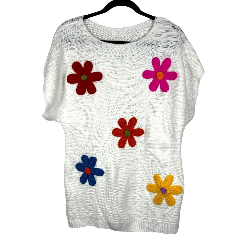 Unbranded White Knit Sweater 3D Floral Applique Multi Color - Sz Large